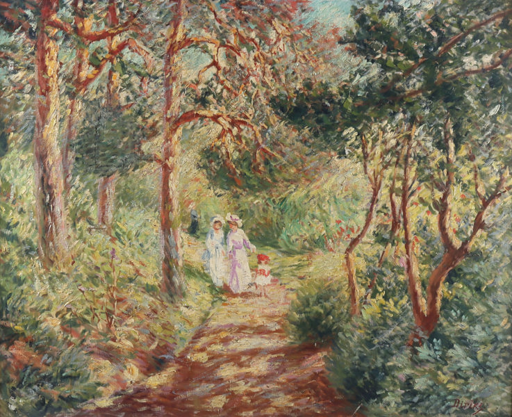 Edvard Diriks, allè m/mennesker. Maleri.