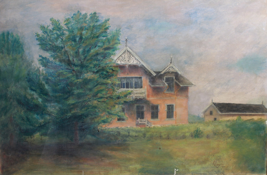 Utydelig signert, hus 1915. Maleri.