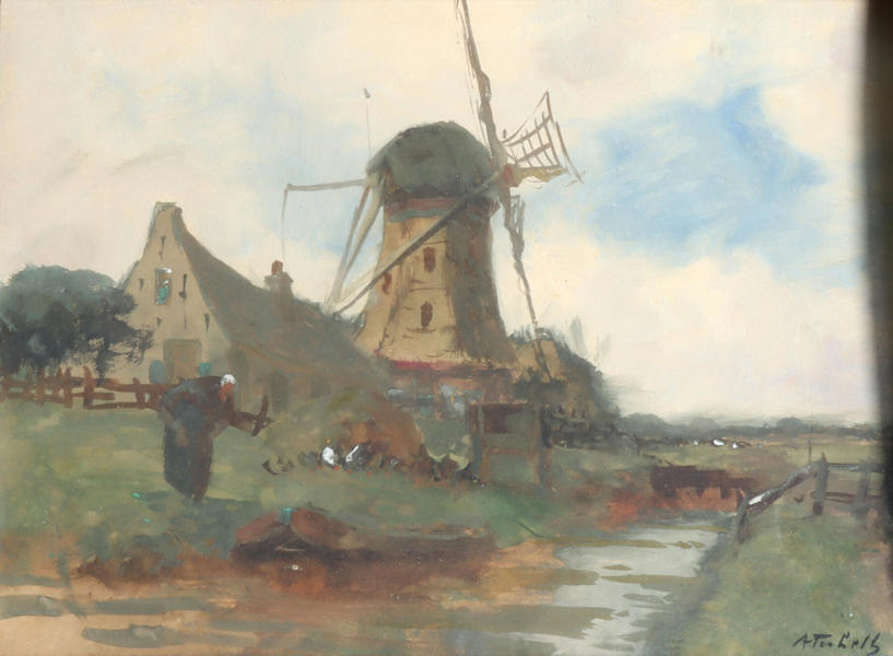 Utydelig signert, mølle. Akvarell.