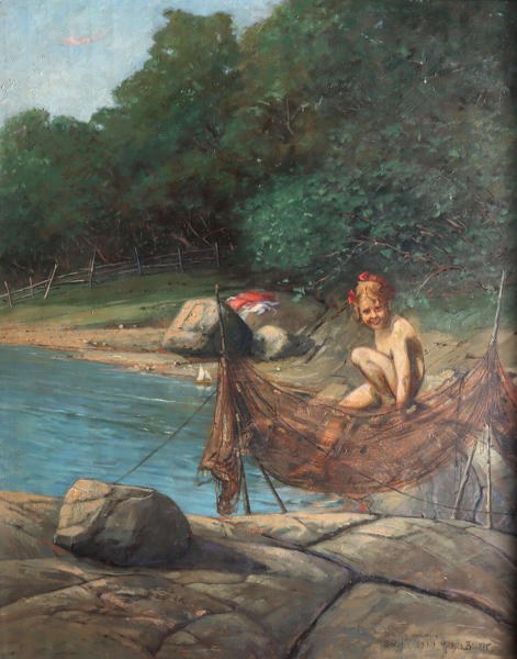 Henrik Backer, jente på stranden. Maleri.