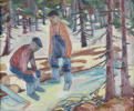 Morten Henriksen, tømmerhuggere. Maleri.