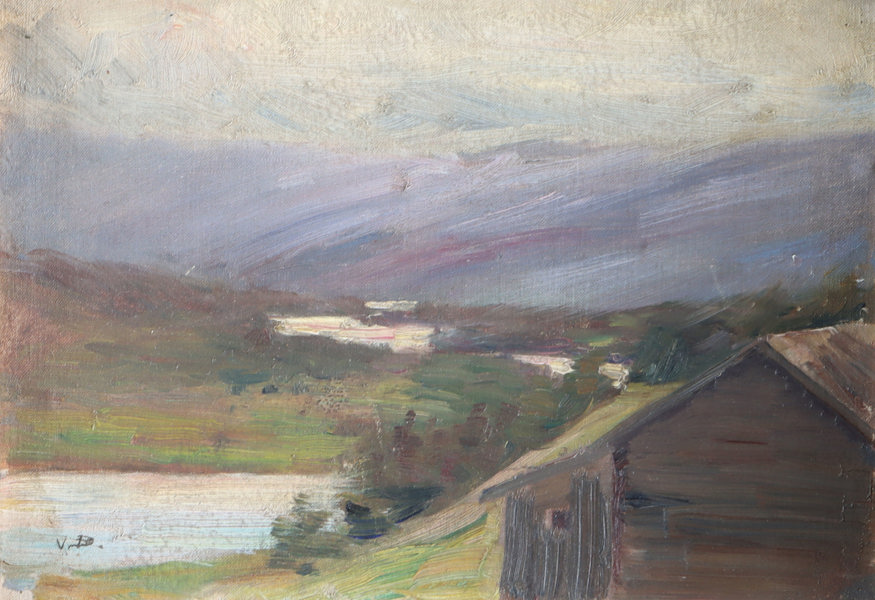 Monogramert, landskap. Maleri.