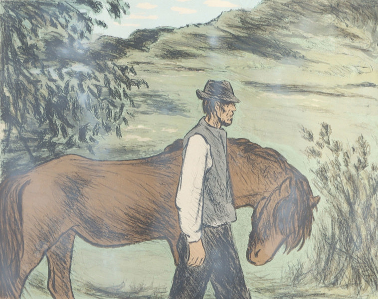 Harald Kihle, mann med hest. Litografi.