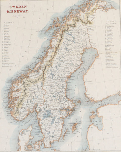 Kart, Sverige og Norge 1835.