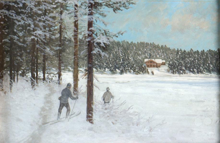 Ludvig Skramstad, på ski. Akvarell.