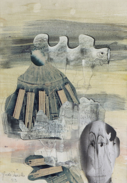 Gerdi Jacobs: Komposisjon, materialarbeide/akvarell 1993. 28x20 cm.