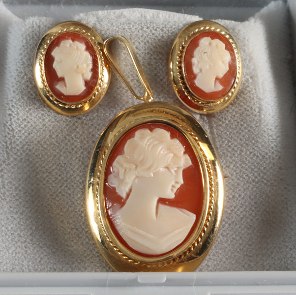 Nål og et par ørepynt, gull og kame.