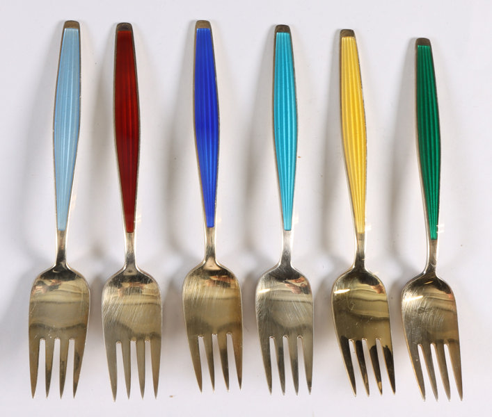 6 gafler, sølv og emalje.