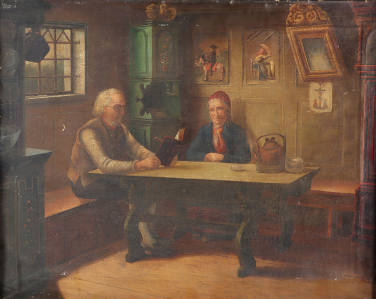 Usignert, bondeinteriør. Maleri.