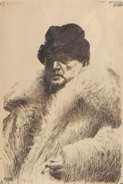 Anders Zorn, selvportrett. Radering.