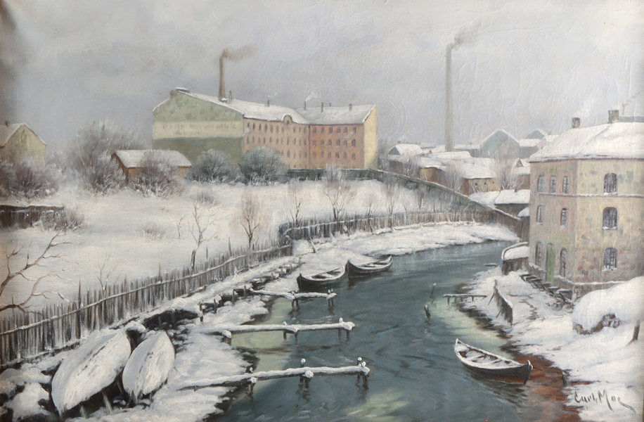Carl Moe, vinter m/elv. Maleri