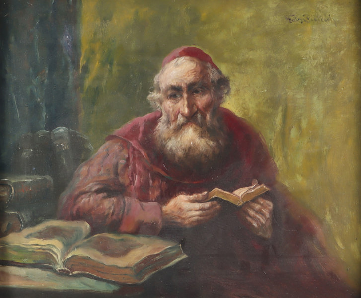 Utydelig signert, lesende mann. Maleri.