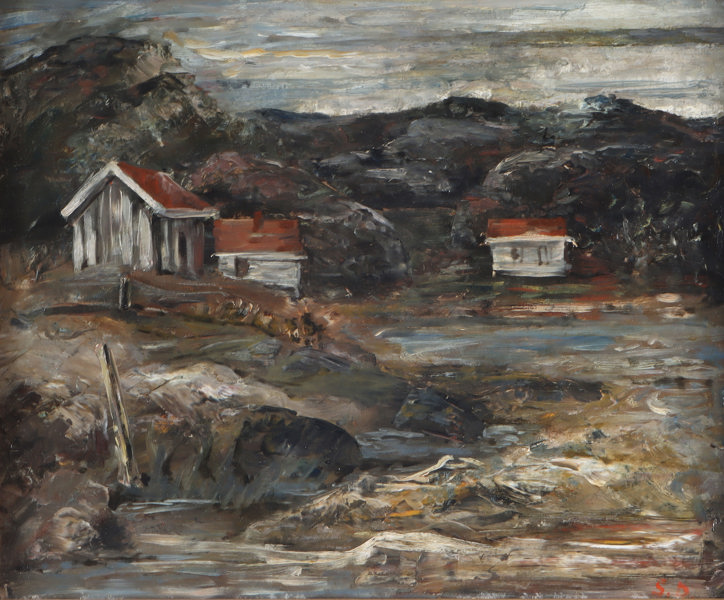 Monogramert, landskap m/hus. Maleri.