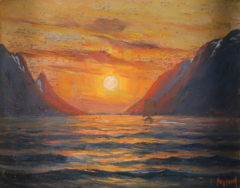 Martin Aagaard, solnedgang. Maleri.