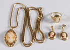 Kjede, ring og ørepynt. Kame og gull.