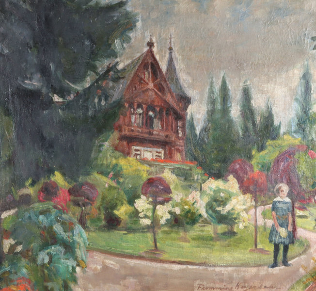 Fremming Heyerdahl, kvinne i haven. Maleri.