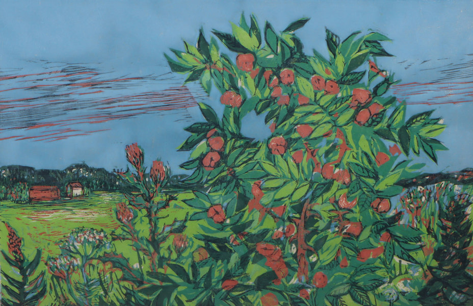 Terje Grøstad, landskap. Tresnitt.