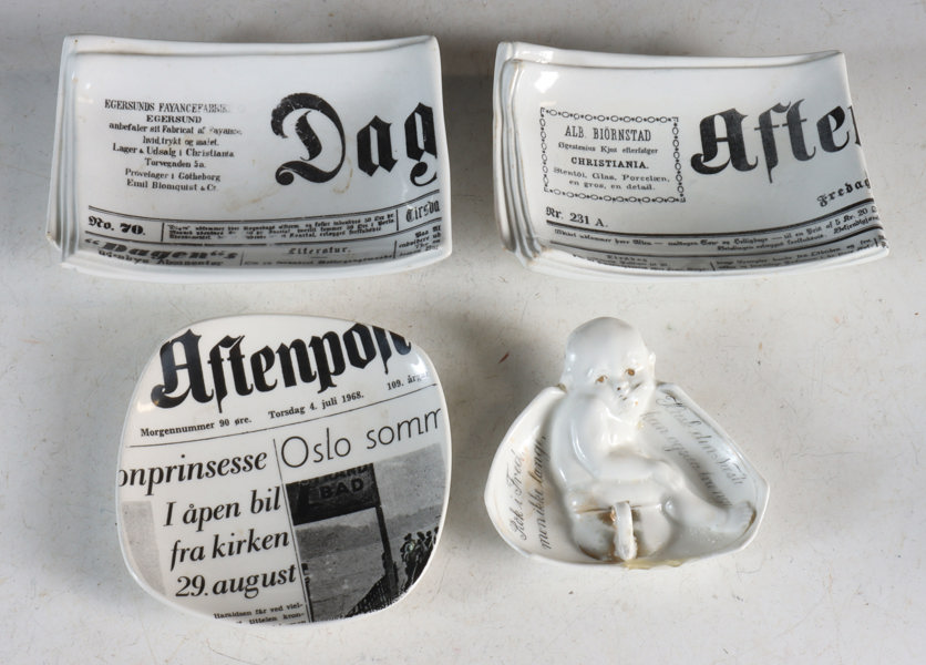 4 reklameaskebeger i fajanse/porselen.