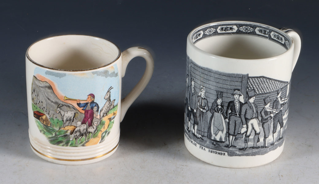 2 dekorerte krus, Egersund.