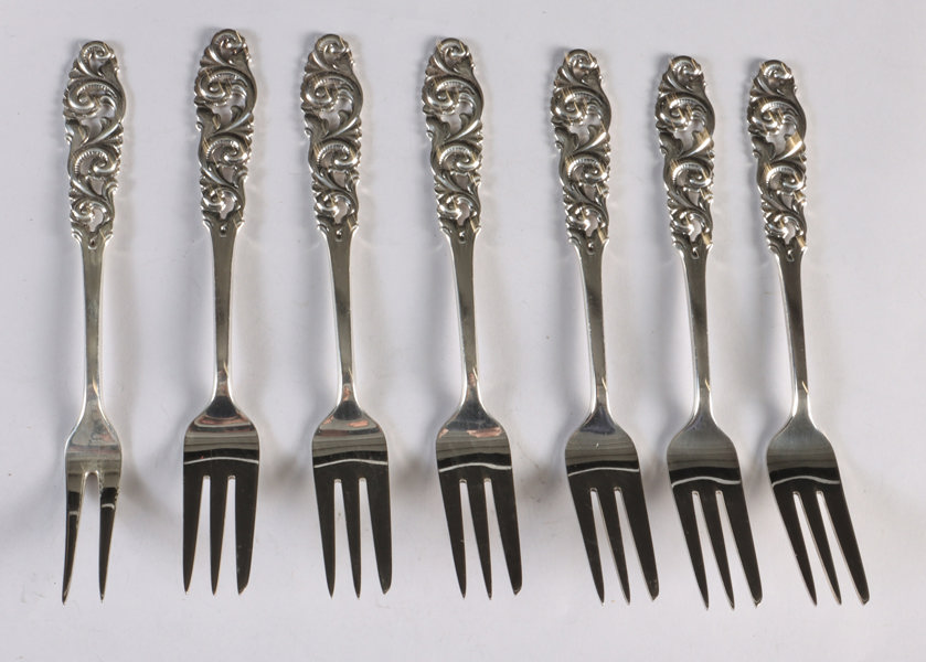 6 kakegafler og koldgaffel, Telesølv.