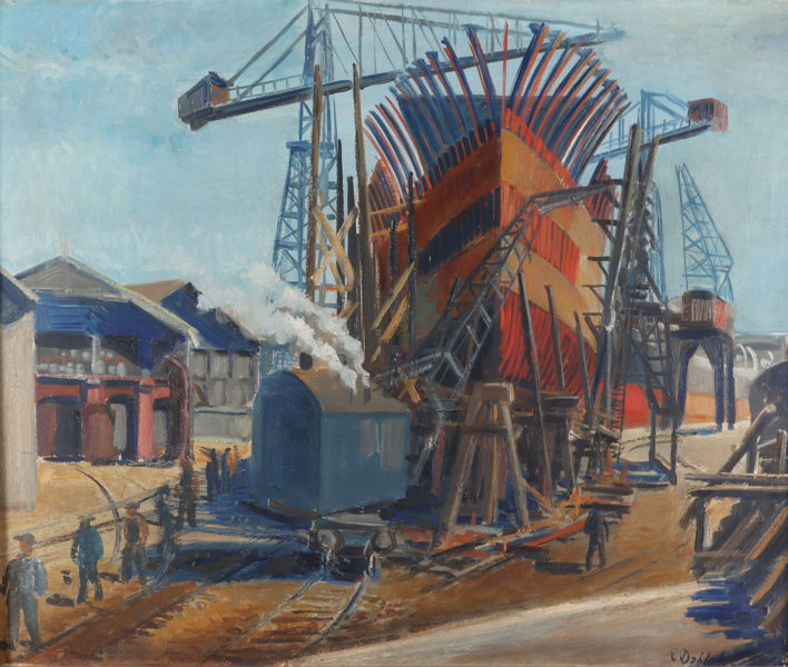 Utydelig signert, skipsverft. Maleri.