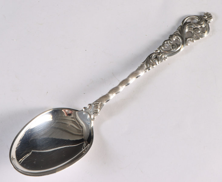 6 skjeer i sølv, Dobbel Rokokko.