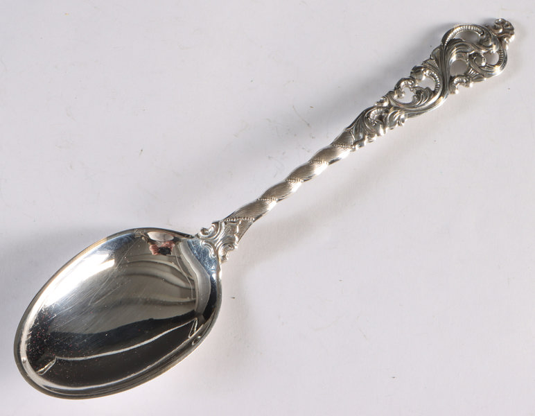 6 skjeer i sølv, Dobbel Rokokko.