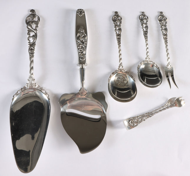 6 deler serveringsbestikk i sølv, Dobbel Rokokko.