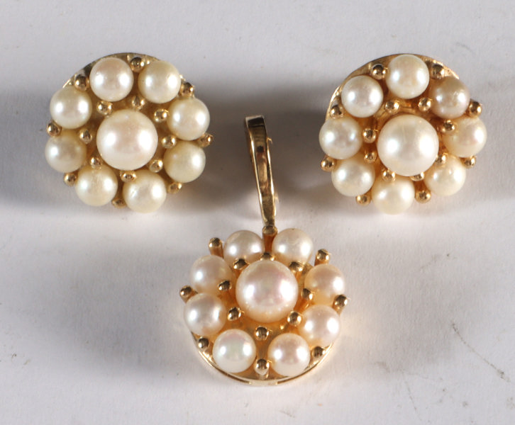 Anheng og ørepynt i gull m/perler.