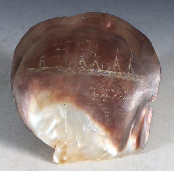 Scrimshaw, perlemusling. C. H. Wood, 1860-70.
