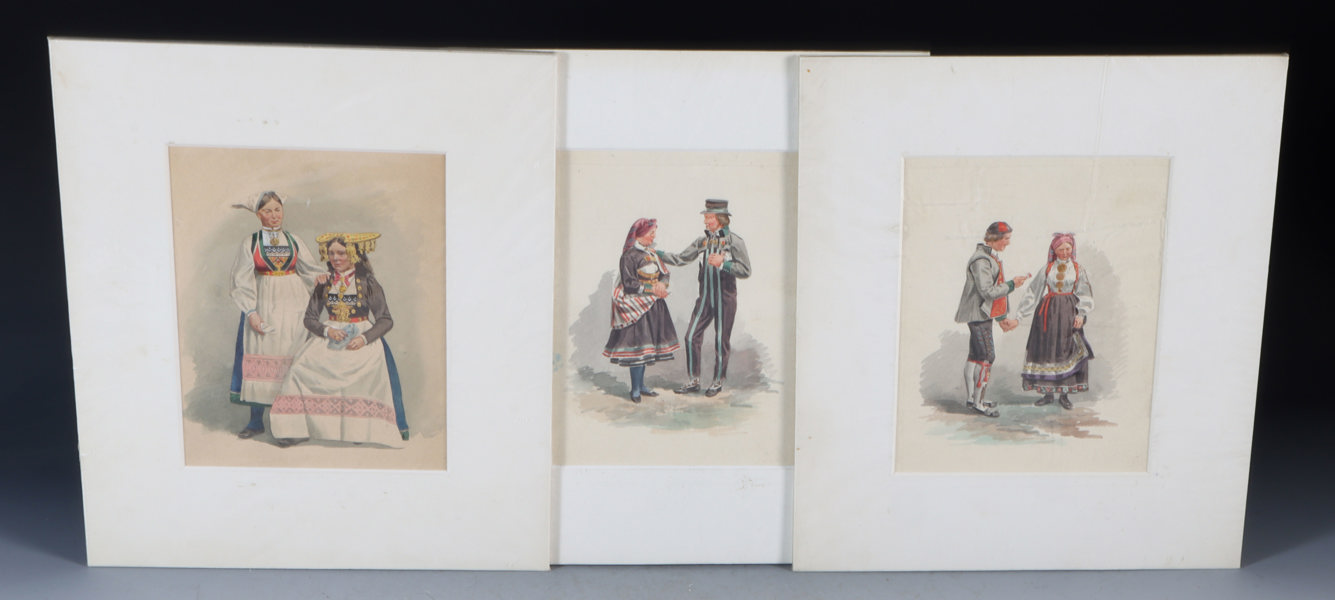 3 akvareller med bunader, 1800 t.