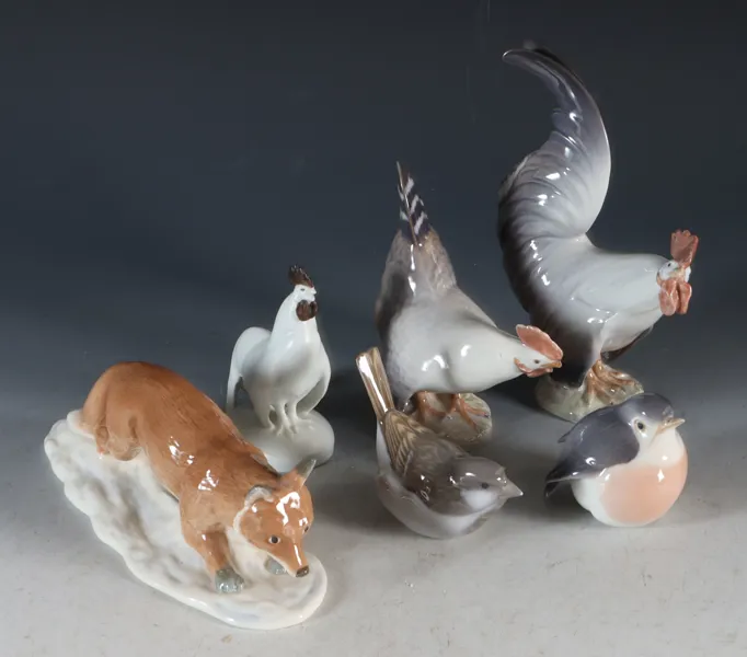 6 dyrefigurer i porselen, Kngl. Dansk.