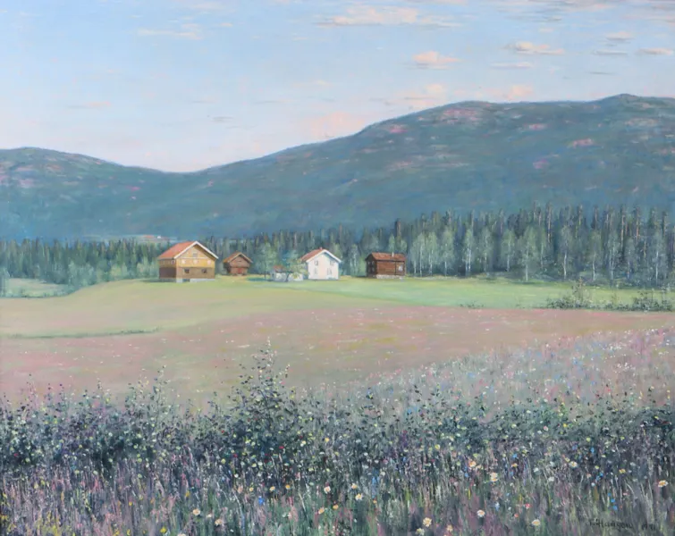 Torleif Haugen, landskap m/gård. Maleri.