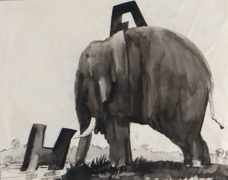 Finn Graff, elefant. Akvarell.
