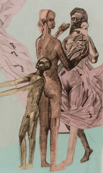 Arne Ekeland, familie. Litografi.